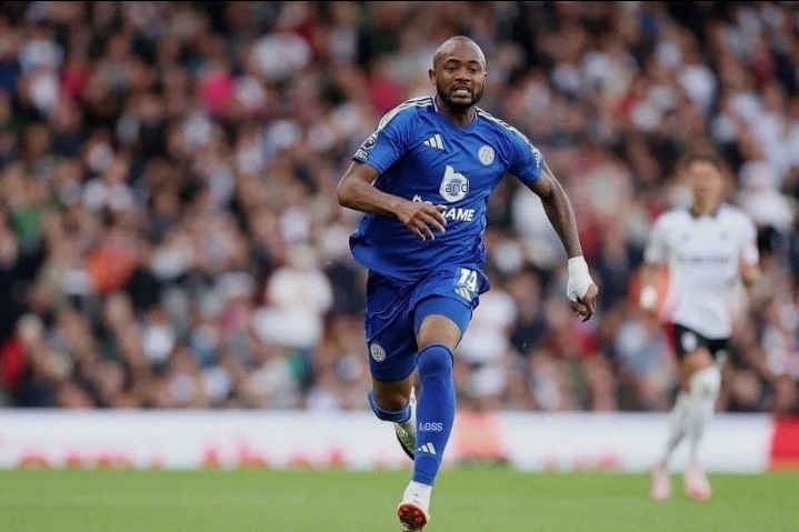 Ghanaian professional footballer Jordan Ayew playing for Leicester City.