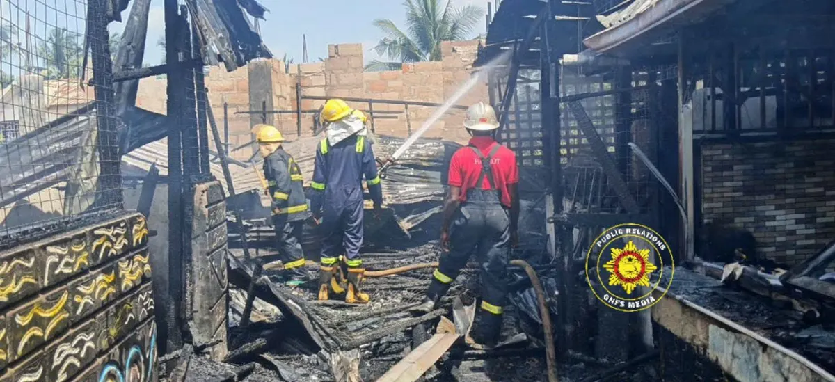 Goaso Fire Outbreak: Firefighters Contain Blazing Wooden Structure Destroying Local Businesses in Ahafo